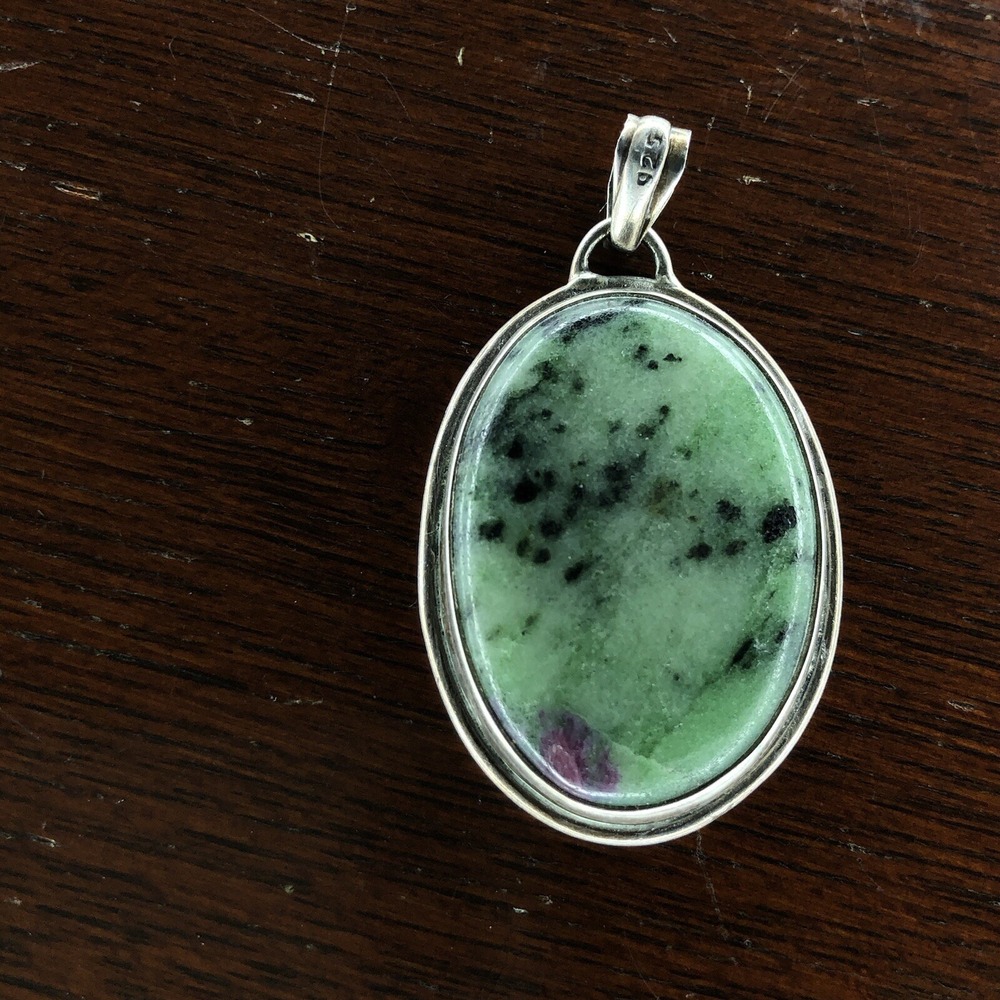 Sterling Silver Oval Bezel Set Green Pink Glows Ruby Zoisite 1 1/2 Inch Pendant